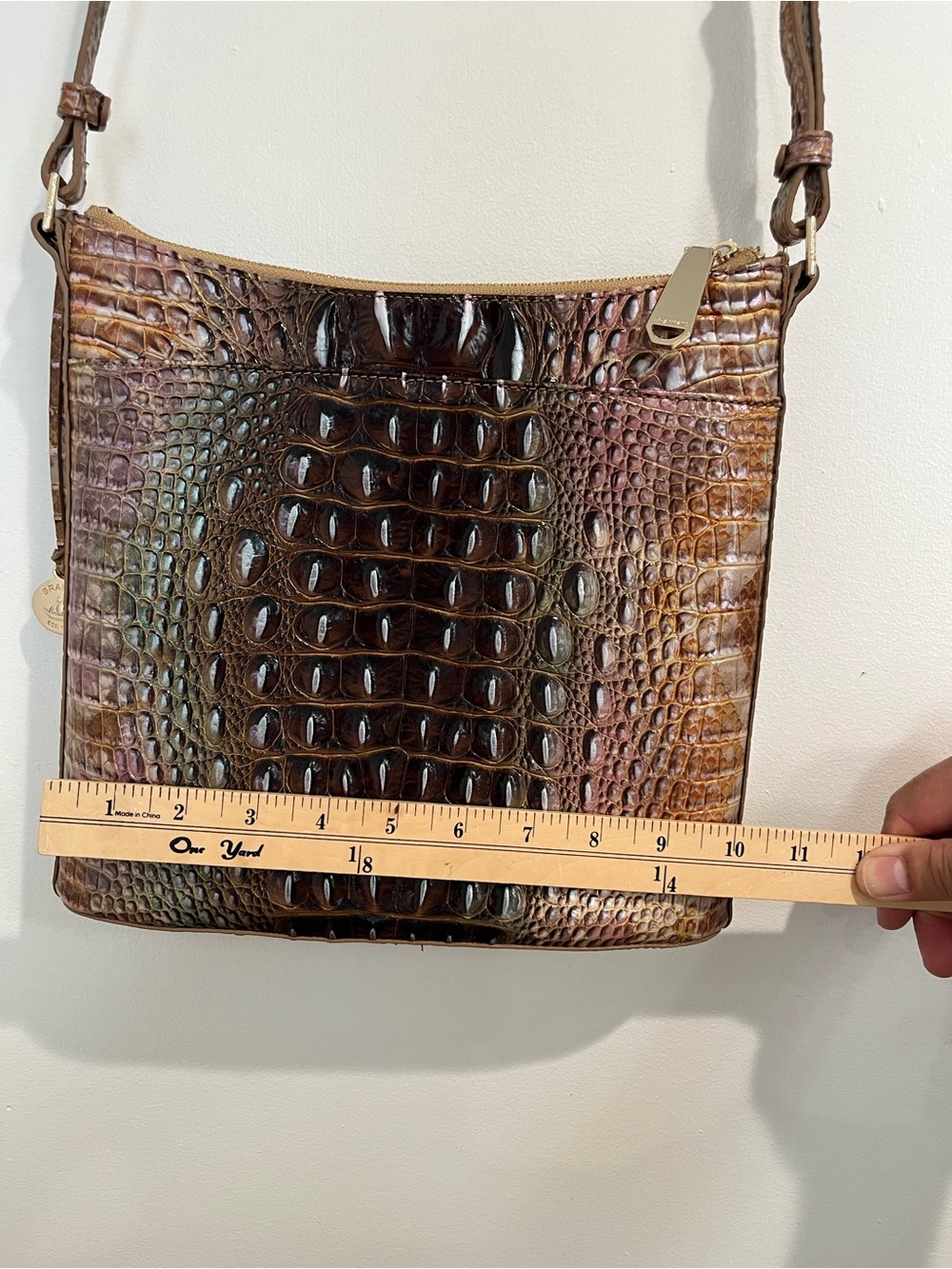 Brahmin Brown & Green Iridescent Croc-Embossed Leather Crossbody Katie‎ Bag - Picture 11 of 14